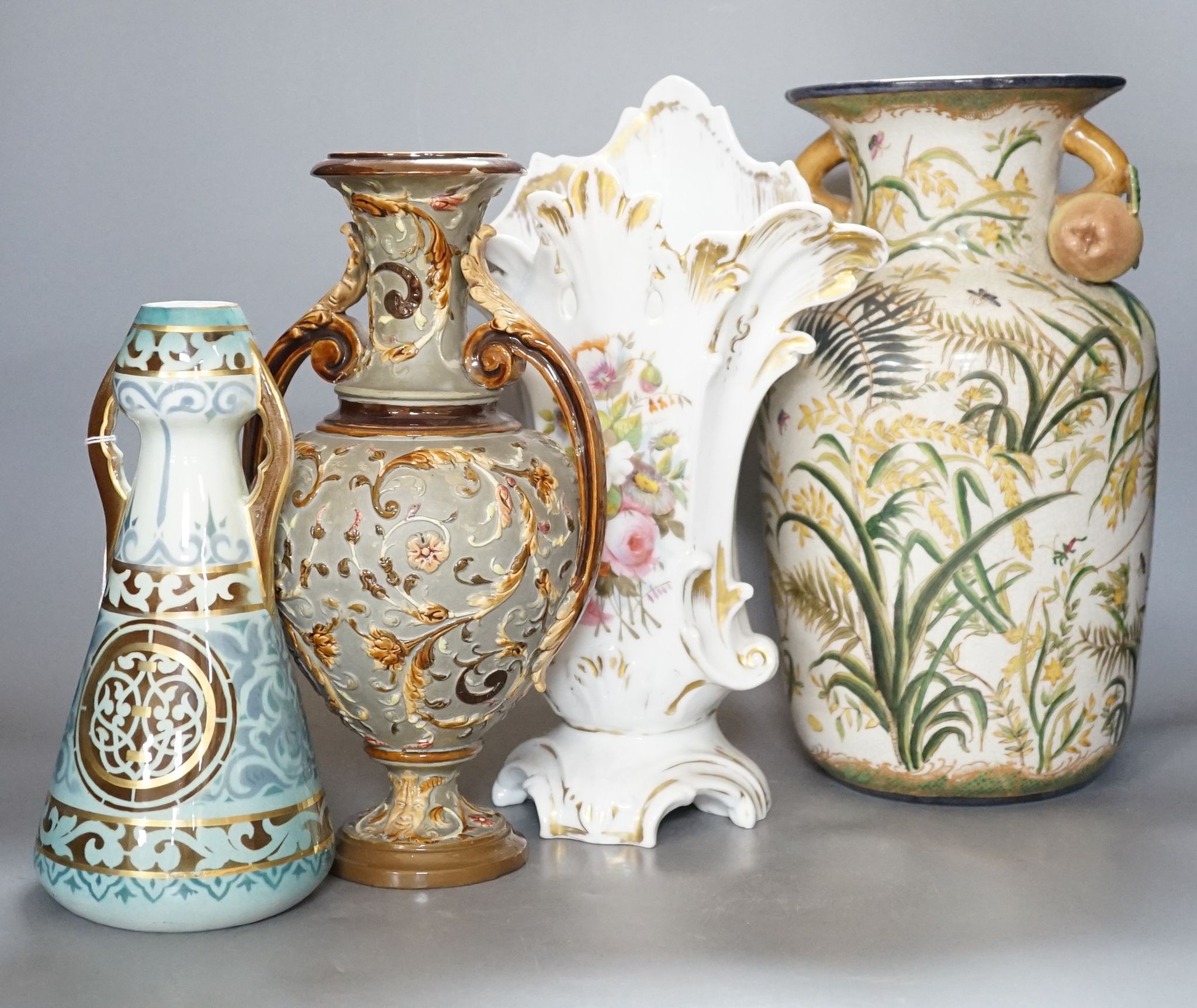 Four pairs of continental porcelain vases including a pair of Wilhelm Schiller & Sons vases